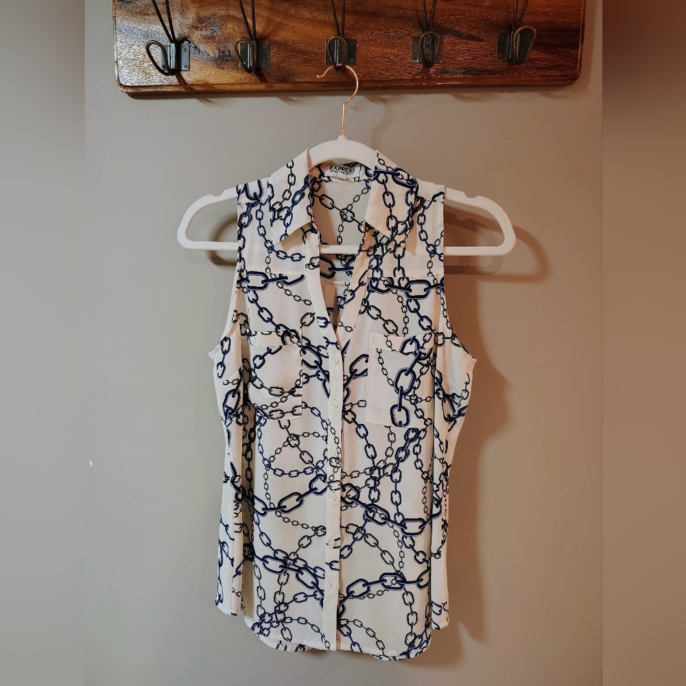 Express White and Blue Chain Print Blouse